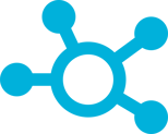 A blue network-like icon with a central circle connected to multiple smaller circles, symbolizing connectivity and collaboration.