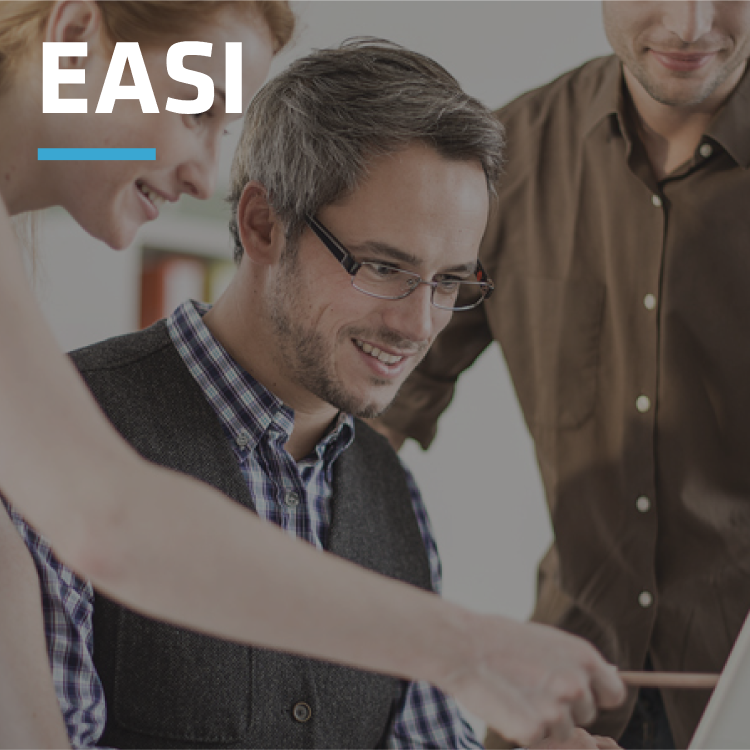 Three professionals collaborating at a laptop, with 'EASI' text overlay in white.