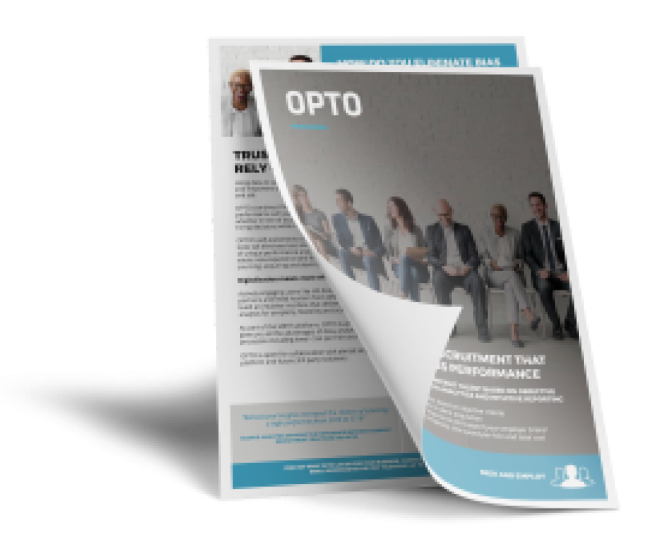 A professional brochure featuring the OPTO personality assessment, designed for recruitment and talent management. The cover showcases a diverse group of professionals sitting in a row, symbolizing selection and hiring processes.