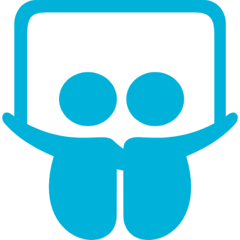 A simple, blue icon depicting two abstract human figures holding up a rectangular board together. The design symbolizes collaboration, teamwork, shared learning, and presentation or knowledge sharing.
